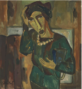 Woman with a Bag by Karl Schmidt-Rottluff: Expressionist portrait with elongated face and dark palette